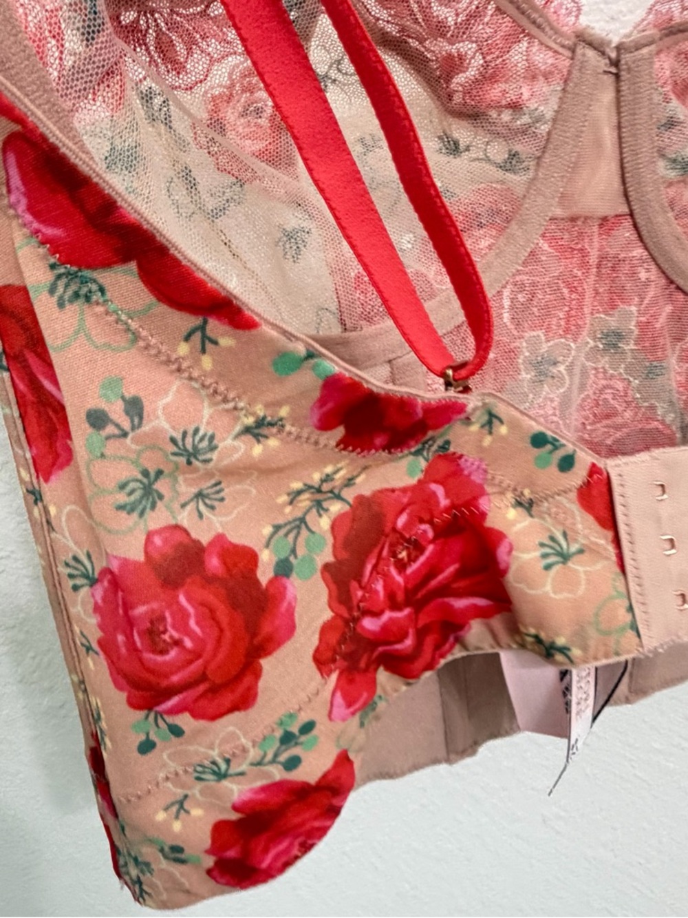 34C VS Dream Angels Tomato Red Embroidered Illuminating Blooms Corset Bra Top - Picture 9 of 14
